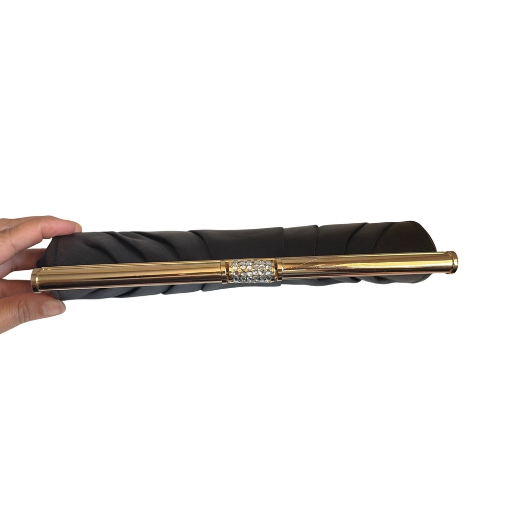 Lovely N.Y. Black Satin Pleated Evening Clutch Bag Gold Frame Rhinestone Accent - Picture 4 of 5
